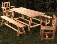 Picnic Table, benches, swing chairs