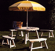 Umbrella Table, benches, swing chairs