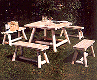 Square Table, benches, swing chairs